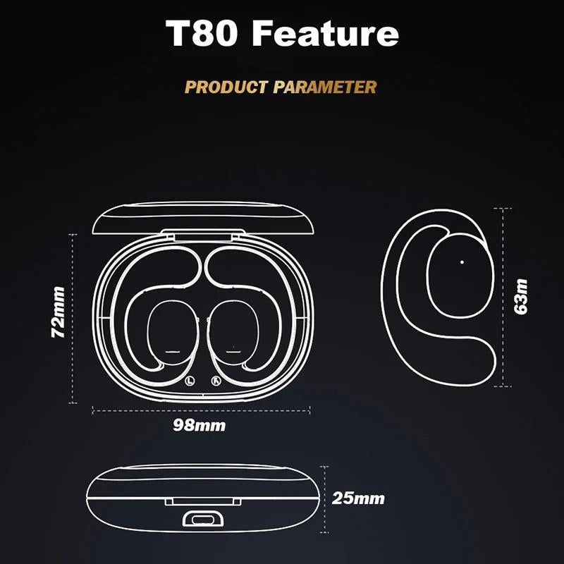 Black T80 Sport Tws Bluetooth Earbuds with Air Conduction