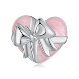 925 Sterling Silver Platinum Heart Bow Beads Gift Box - Front View