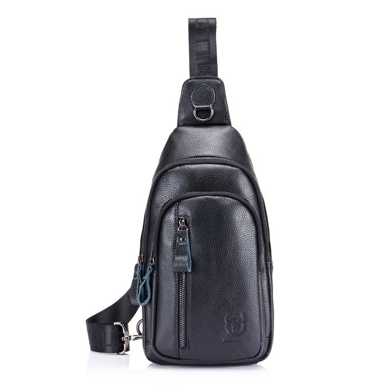 Men Leather Crossbody Chest Bag Multi Function - Black