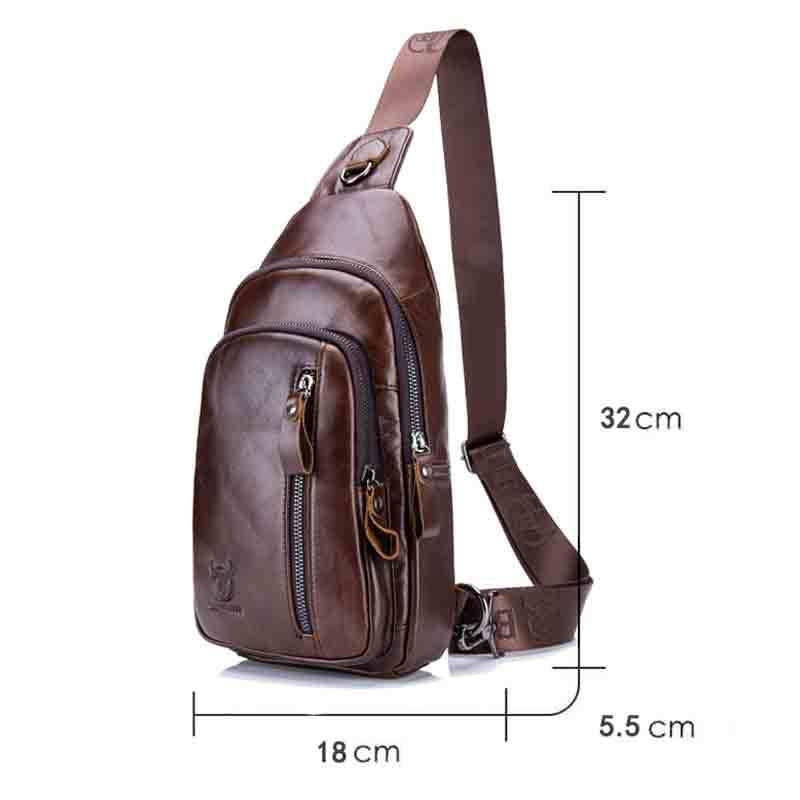 Men Leather Crossbody Chest Bag Multi Function - Black
