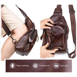 Men Leather Crossbody Chest Bag Multi Function - Black - Rear View