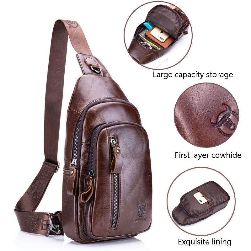 Men Leather Crossbody Chest Bag Multi Function - Black