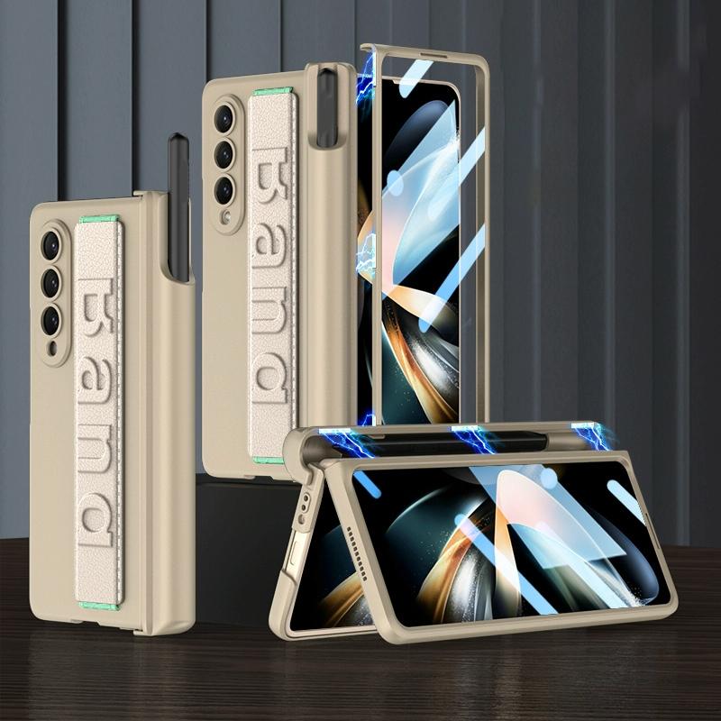 For Samsung Galaxy Z Fold4 5G Foldable Phone Case With Magnetic Hinge And Wrist Strap - Portable And Secure - Champagne Gold