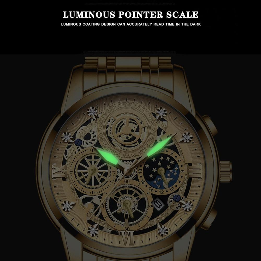 Waterproof Luminous Quartz Watch with Multifunctional Design - Full Gold Gold Surface