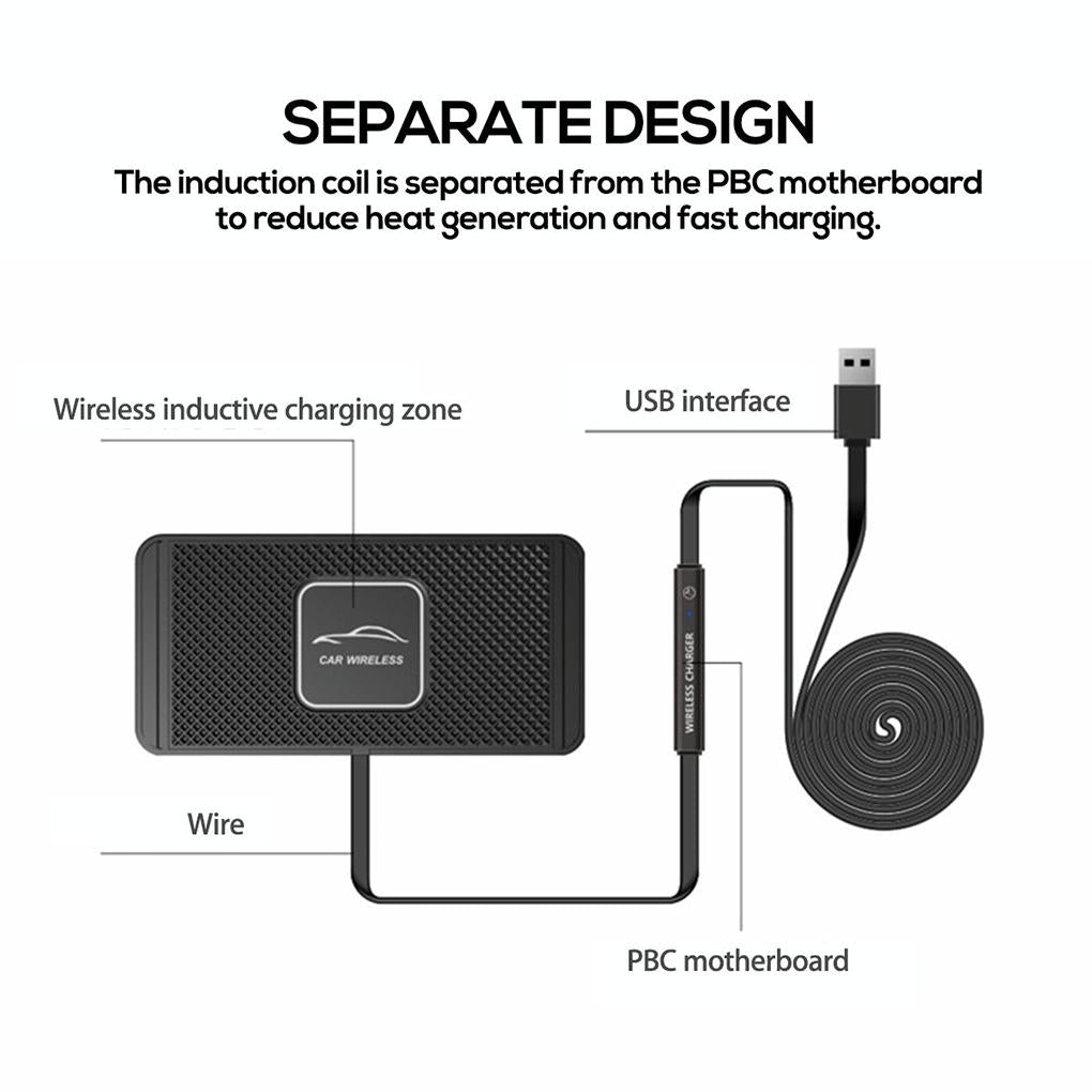 15w Car Wireless Charger with Anti-skid Mats and 1m Usb Cable - Black