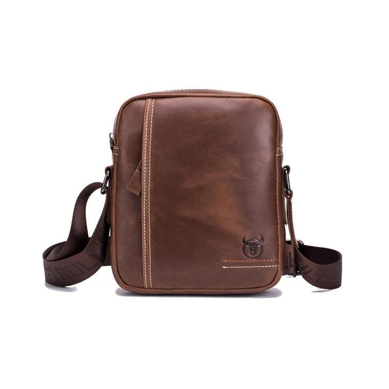Men Leather Shoulder Bag Casual Mini Diagonal - Black