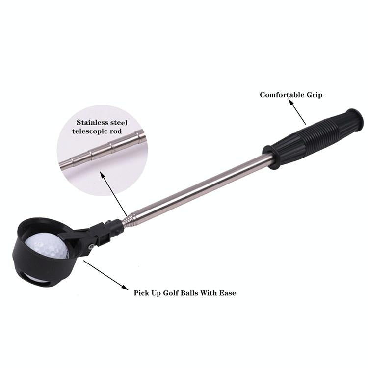 Foldable Golf Ball Picker with Stainless Steel Rod - 8 Sections - Black