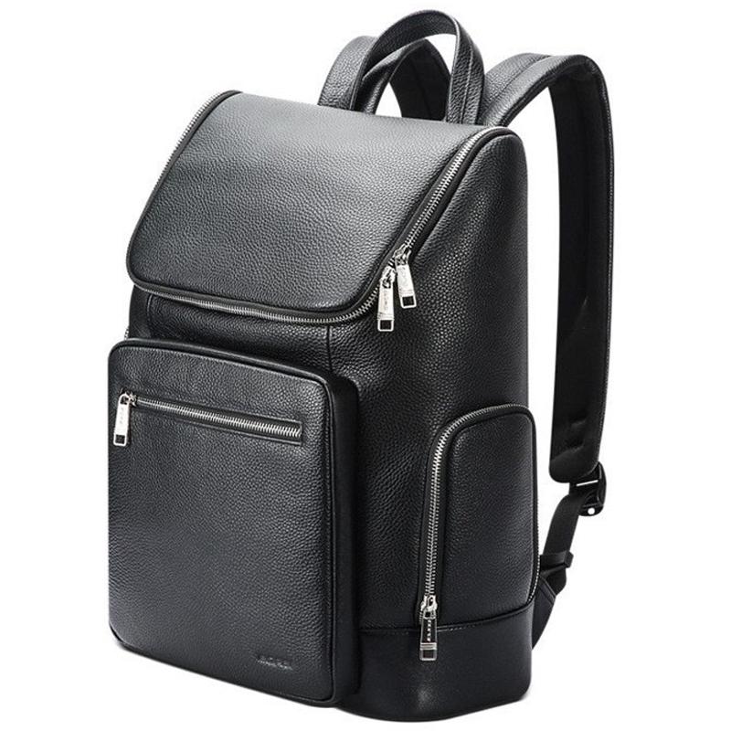 Large-capacity Waterproof Laptop Backpack in First-layer Cowhide - Black