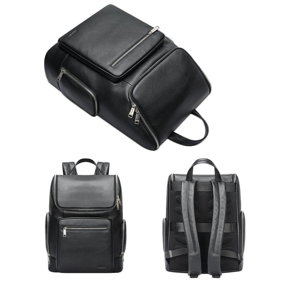 Large-capacity Waterproof Laptop Backpack in First-layer Cowhide - Black