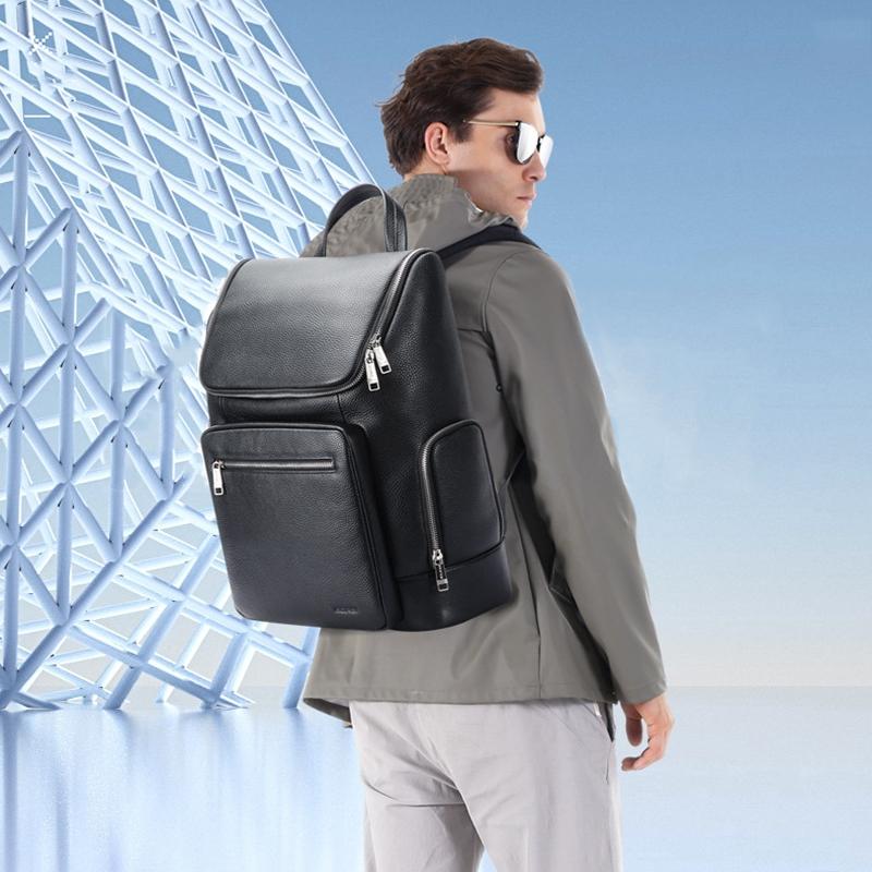 Large-capacity Waterproof Laptop Backpack in First-layer Cowhide - Black