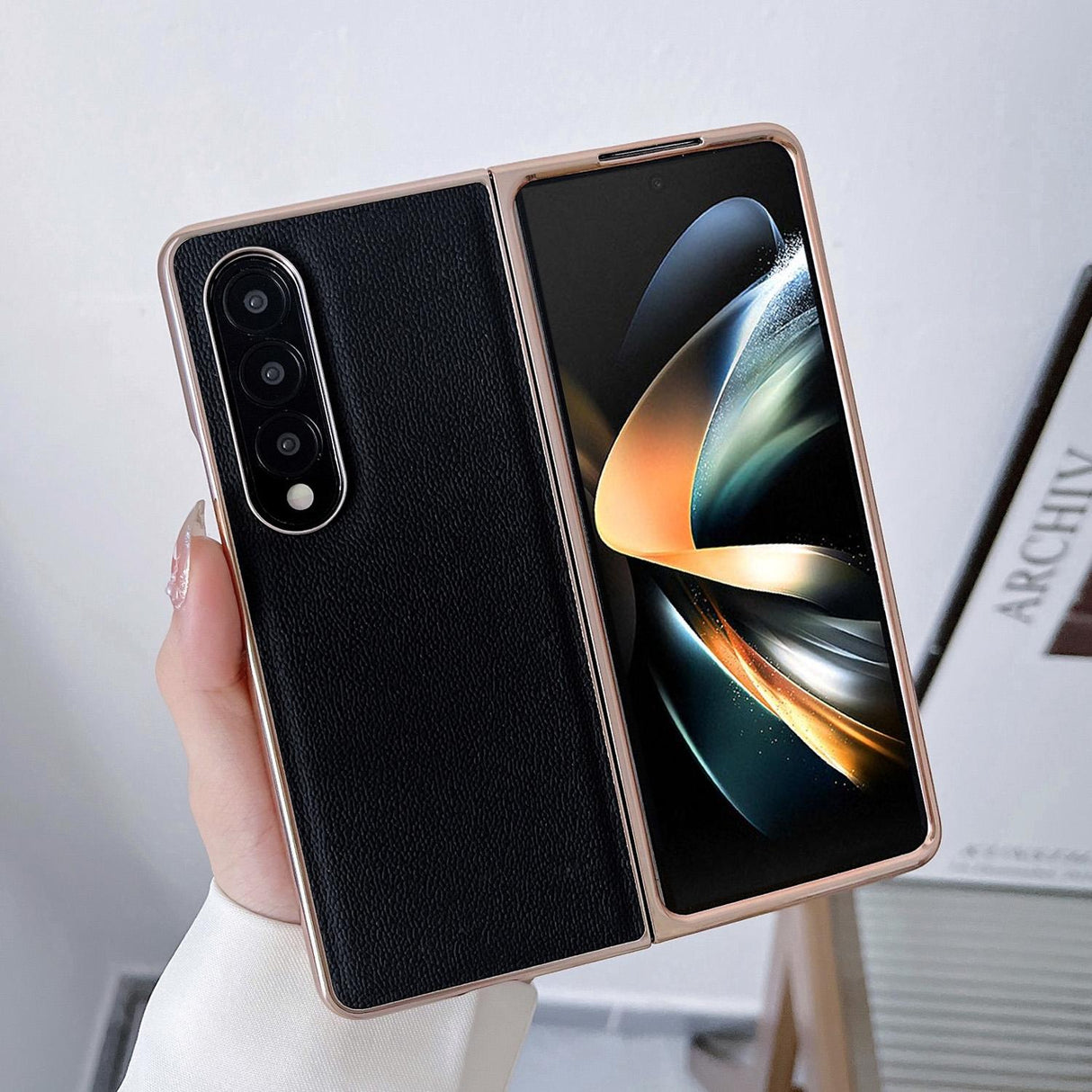 For Samsung Galaxy Z Fold4 5G Leather Phone Case - Nano Plating - Black