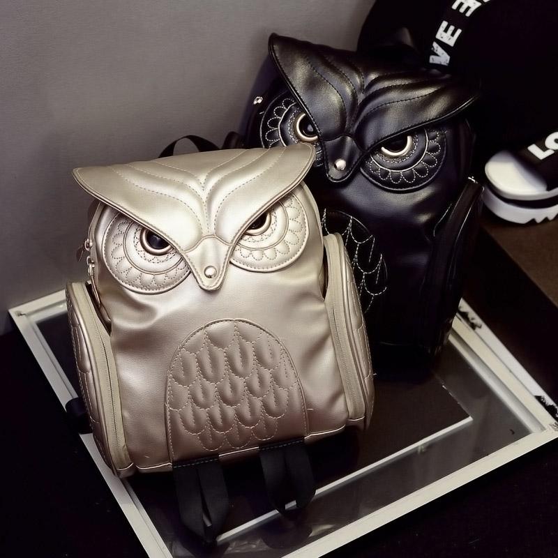 Women Owl Print Pu Backpack - Colourful and Stylish - Black