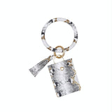 Snake Print Wrist Keychain Coin Purse Black Pu Leather Bracelet Card Case - White