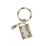 Snake Print Wrist Keychain Coin Purse Black Pu Leather Bracelet Card Case - White