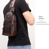 Men Cowhide Crocodile Texture Crossbody Chest Bag One Shoulder Design - Crocodile Pattern - Close-Up Angle