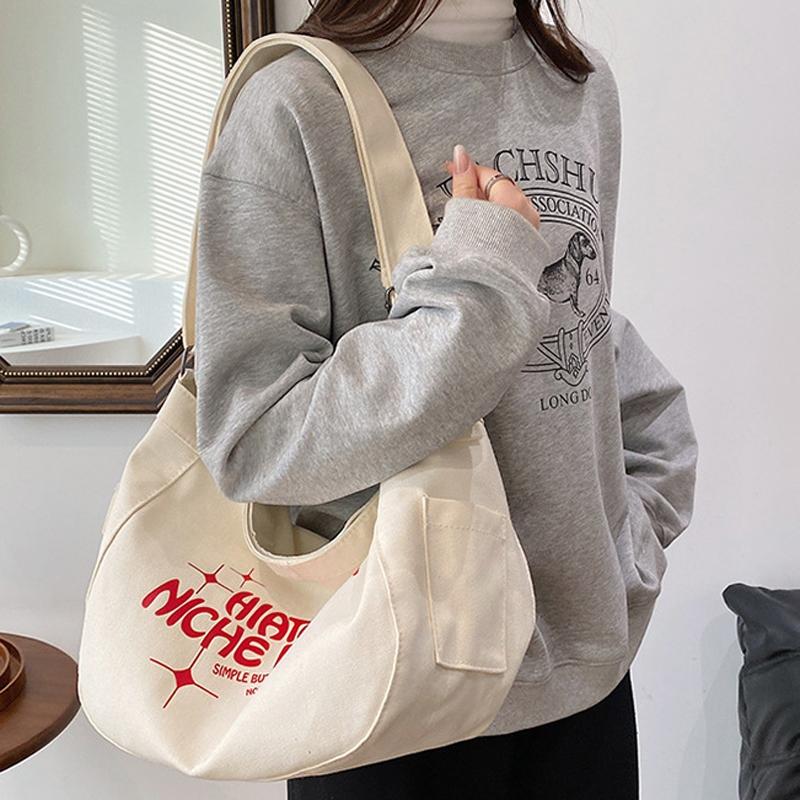 Printed Letter Canvas Tote For Women Spacious & Casual - White