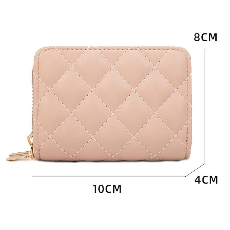 Double Layer Zipper Wallet Multi Card Slot Large Capacity Rhombus Design - Beige