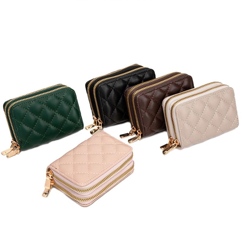 Double Layer Zipper Wallet Multi Card Slot Large Capacity Rhombus Design - Beige