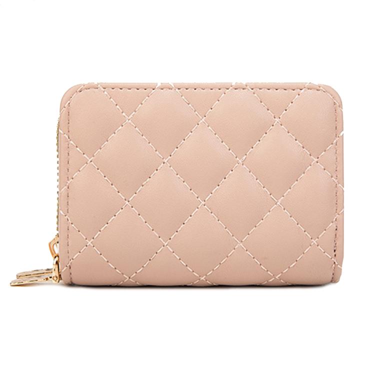 Double Layer Zipper Wallet Multi Card Slot Large Capacity Rhombus Design - Beige