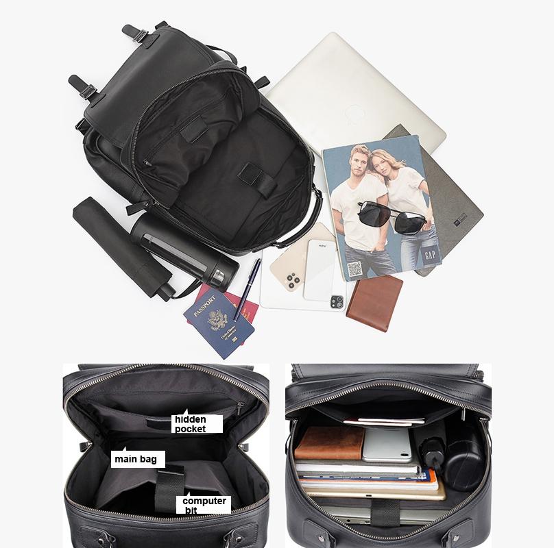 Men Black Cowhide Leather Backpack for Casual Business with Laptop Compartment