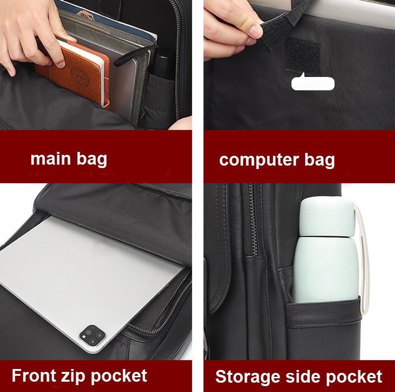 Men Black Cowhide Leather Backpack for Casual Business with Laptop Compartment