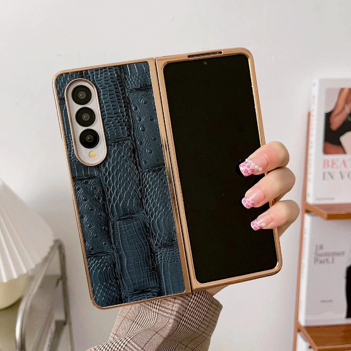 For Samsung Galaxy Z Fold4 5G Leather Mahjong Phone Case - Electroplated - Blue