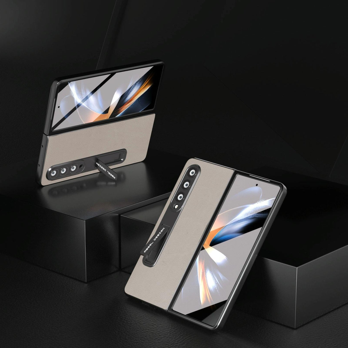 For Samsung Galaxy Z Fold4 5G Leather Phone Case With Holder - Wave Design - Black