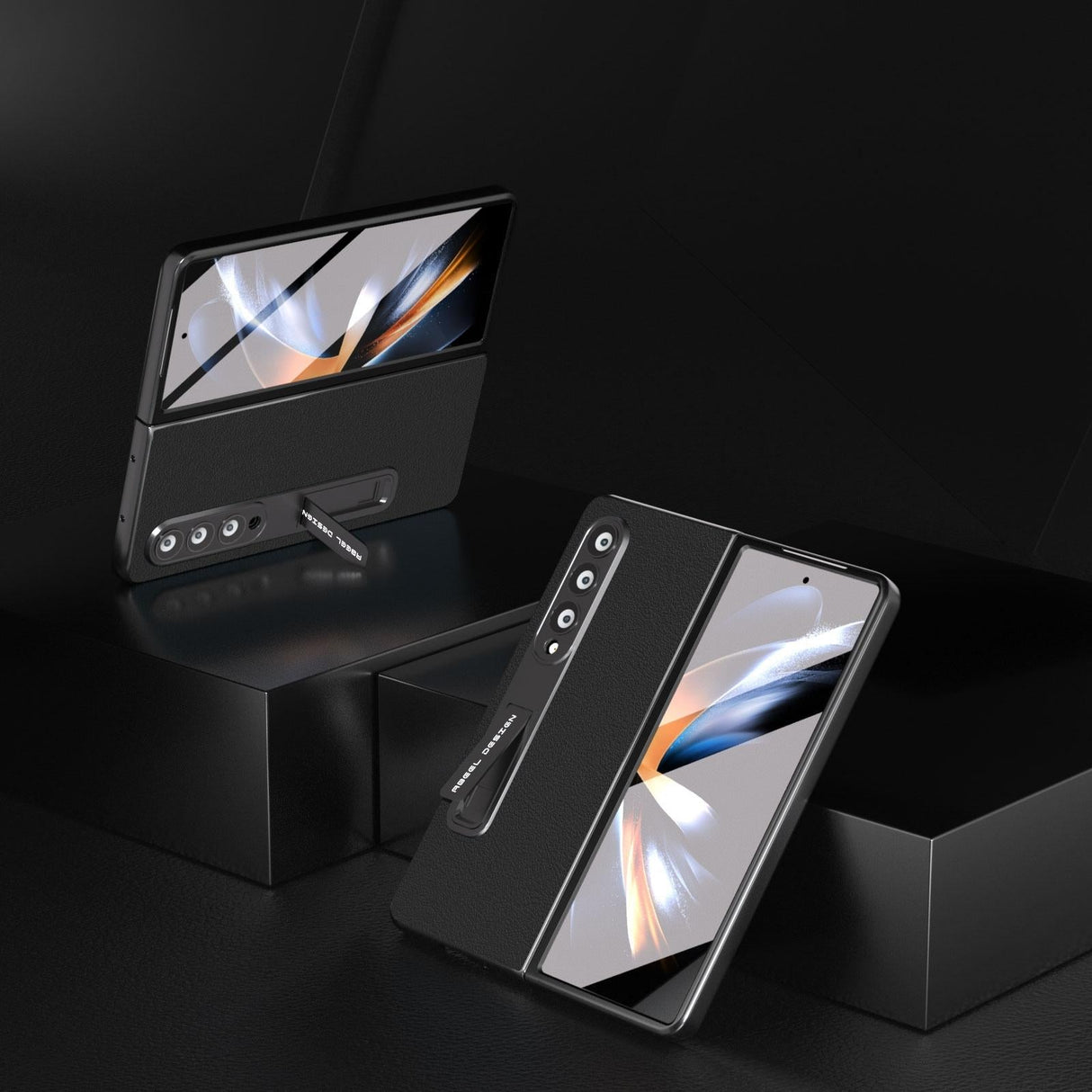 For Samsung Galaxy Z Fold4 5G Leather Phone Case With Holder - Wave Design - Black