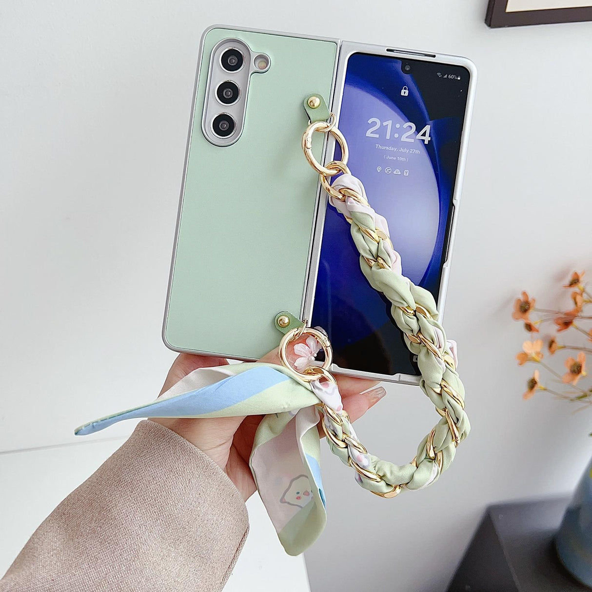 For Samsung Galaxy Z Fold4 5G Leather Phone Case With Metallic Paint And Scarf Bracelet - Pink