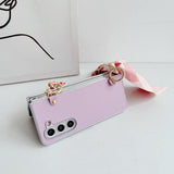 For Samsung Galaxy Z Fold4 5G Leather Phone Case With Metallic Paint And Scarf Bracelet - Pink - Rear View