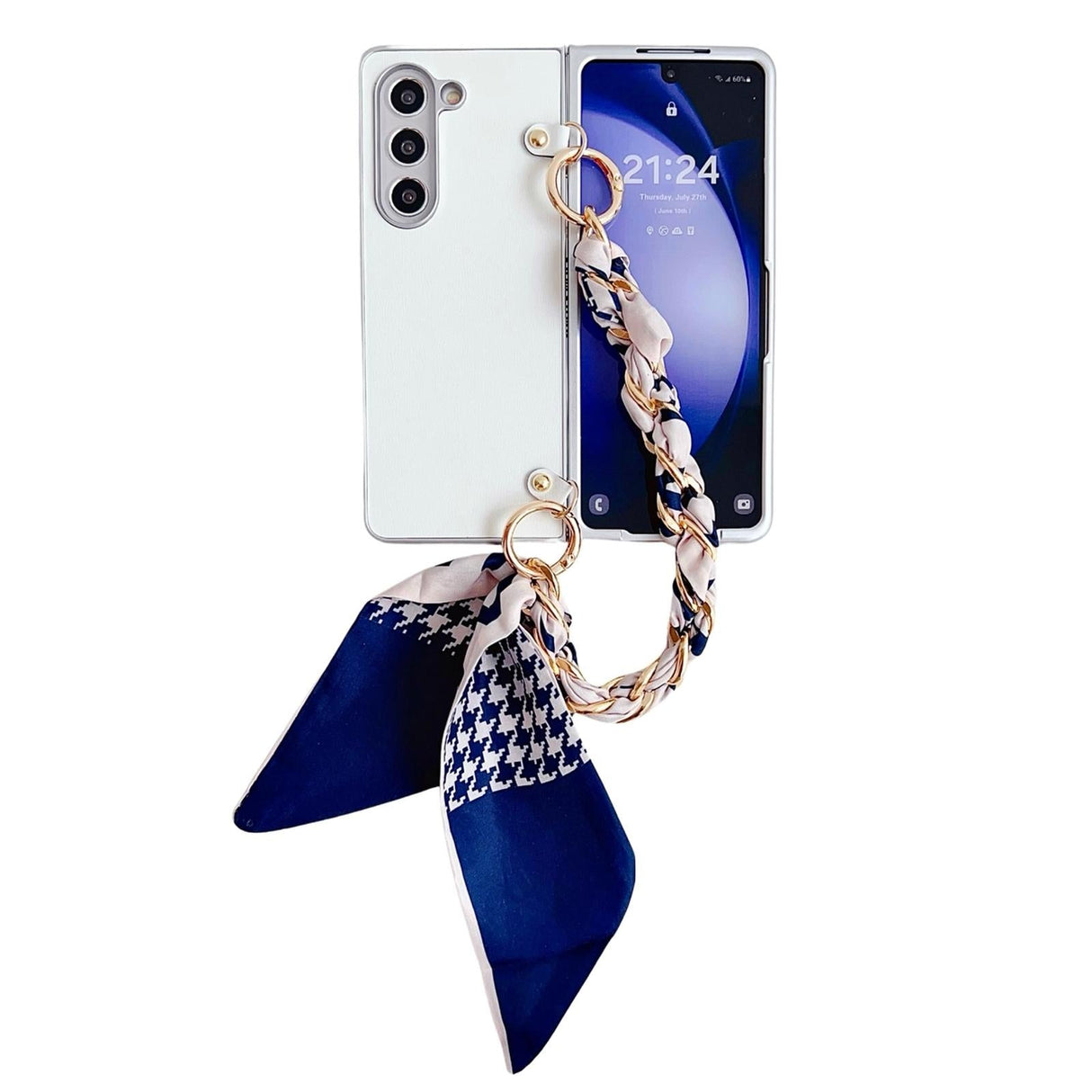 For Samsung Galaxy Z Fold4 5G Leather Phone Case With Metallic Paint And Scarf Bracelet - Pink