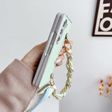 For Samsung Galaxy Z Fold4 5G Leather Phone Case With Metallic Paint And Scarf Bracelet - Pink