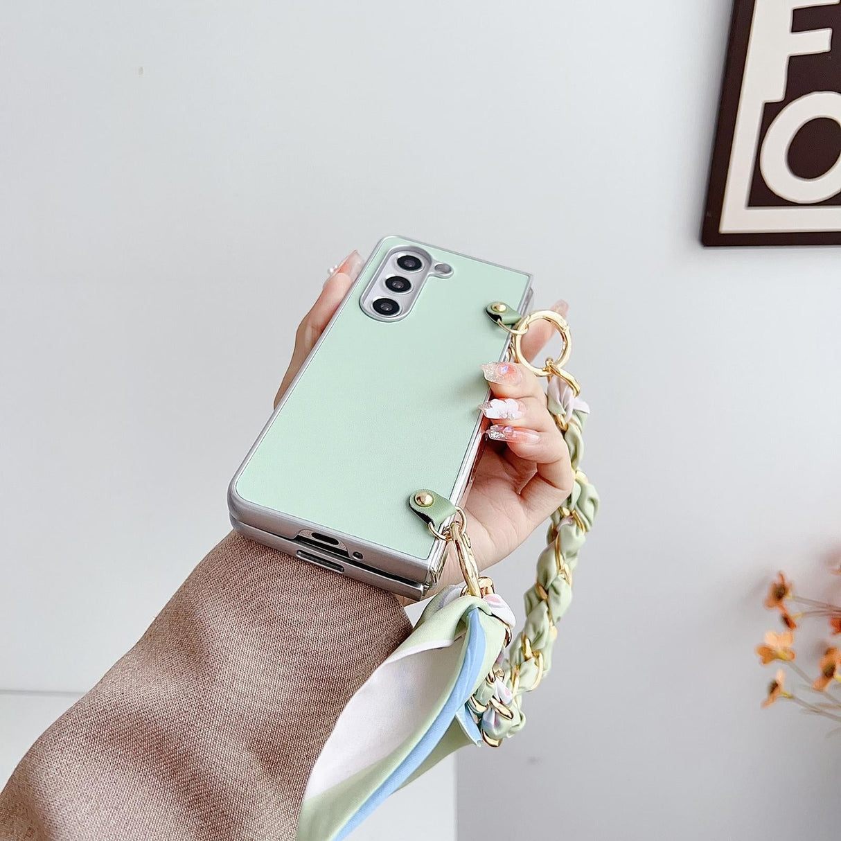 For Samsung Galaxy Z Fold4 5G Leather Phone Case With Metallic Paint And Scarf Bracelet - Pink
