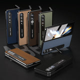 For Samsung Galaxy Z Fold4 5G Carbon Fiber Phone Case With Holder - Brown
