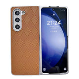 For Samsung Galaxy Z Fold4 5G Checkered Leather Phone Case With Pearlescent Finish - Brown