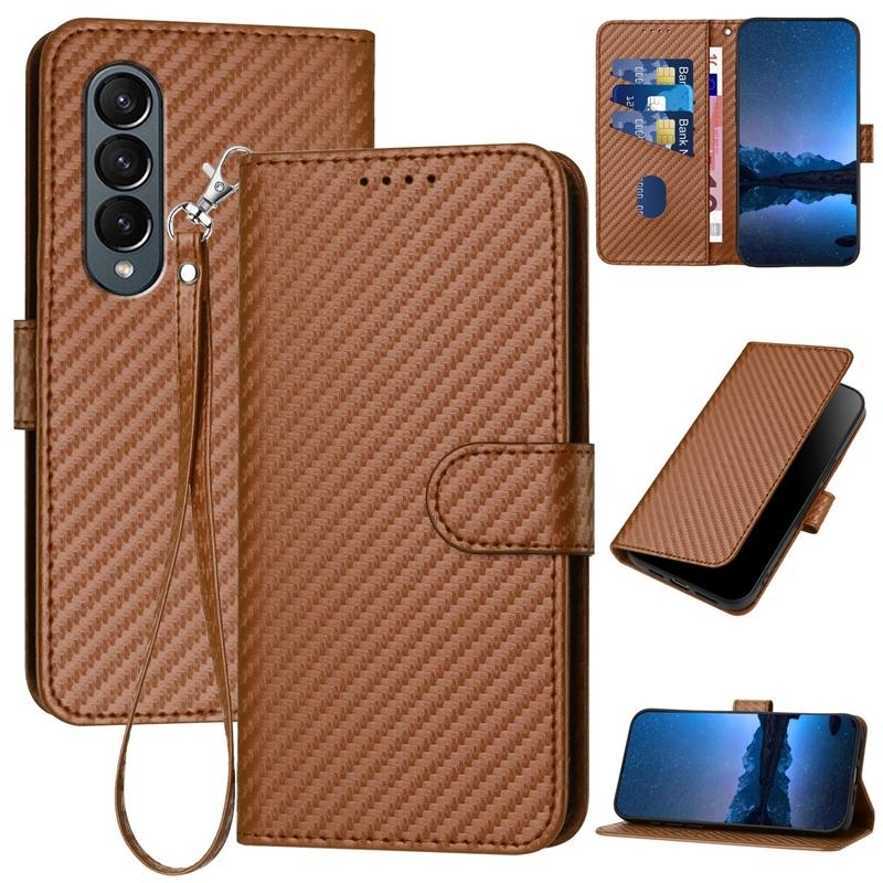 For Samsung Galaxy Z Fold4 5G Carbon Fiber Leather Phone Case With Lanyard - Red