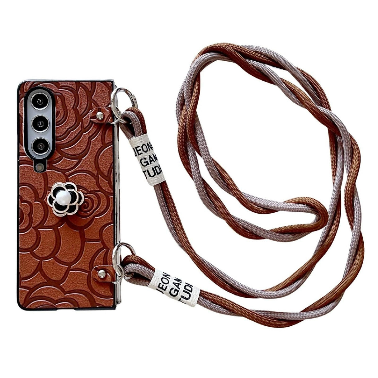 For Samsung Galaxy Z Fold4 5G Camellia Pattern Phone Case With Lanyard - White