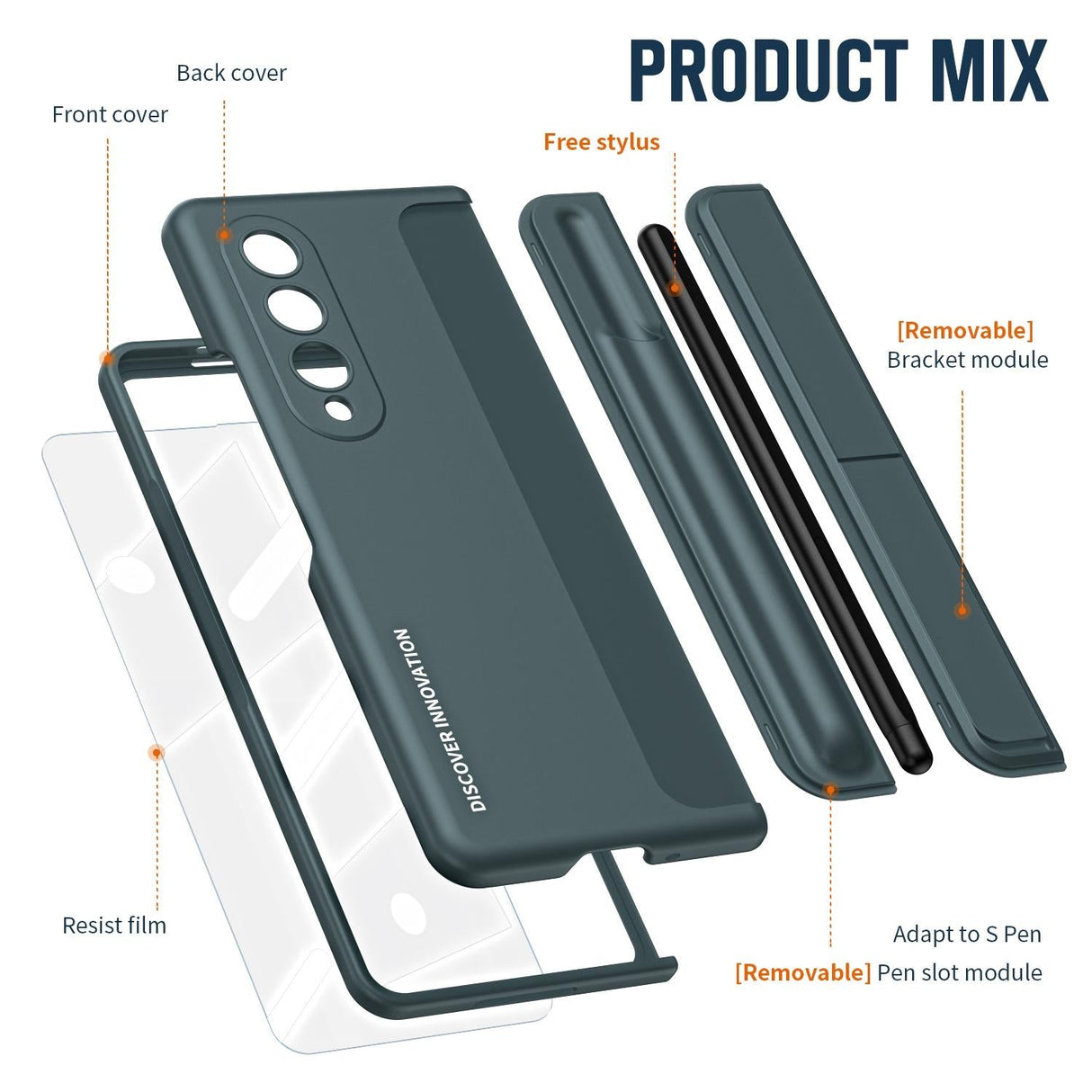 For Samsung Galaxy z Fold4 5G Samsung Galaxy z Fold4 2-in-1 Detachable Folding Case with Holder & Pen Slot - Grey Green