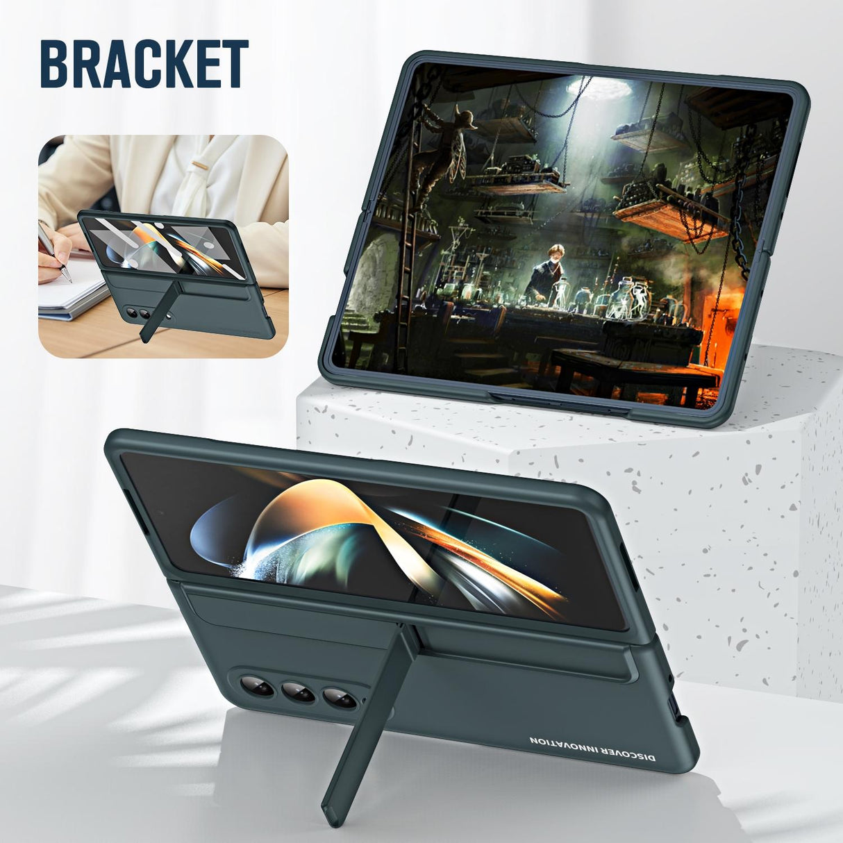 For Samsung Galaxy z Fold4 5G Samsung Galaxy z Fold4 2-in-1 Detachable Folding Case with Holder & Pen Slot - Grey Green