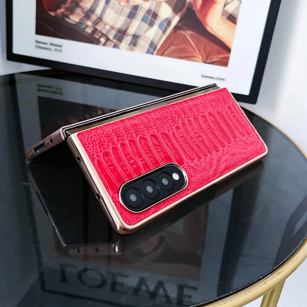 For Samsung Galaxy Z Fold4 5G Genuine Leather Nano Plating Phone Case - Red