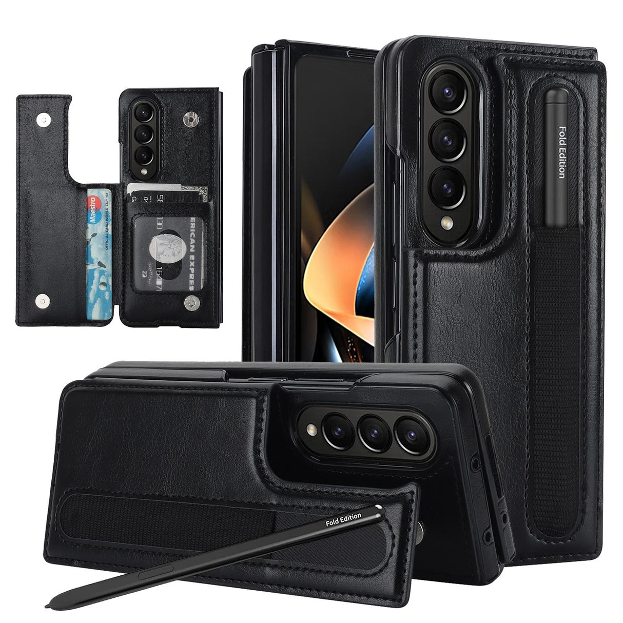 For Samsung Galaxy Z Fold4 5G Double Buckle Foldable Phone Case With Pen Slot - Black