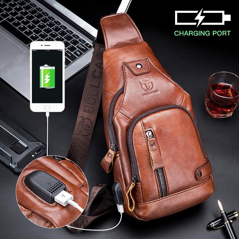 Soft Cowhide Chest Bag For Men Outdoor Casual - Red Brown