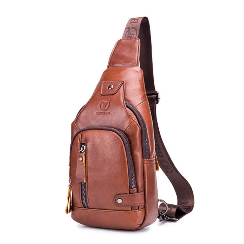 Soft Cowhide Chest Bag For Men Outdoor Casual - Red Brown