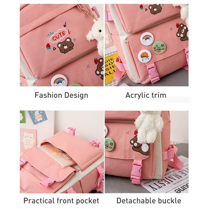 Adorable 5-piece Girls Backpack Set with Bear Design - Black