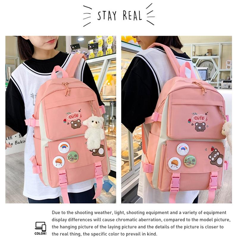 Adorable 5-piece Girls Backpack Set with Bear Design - Black