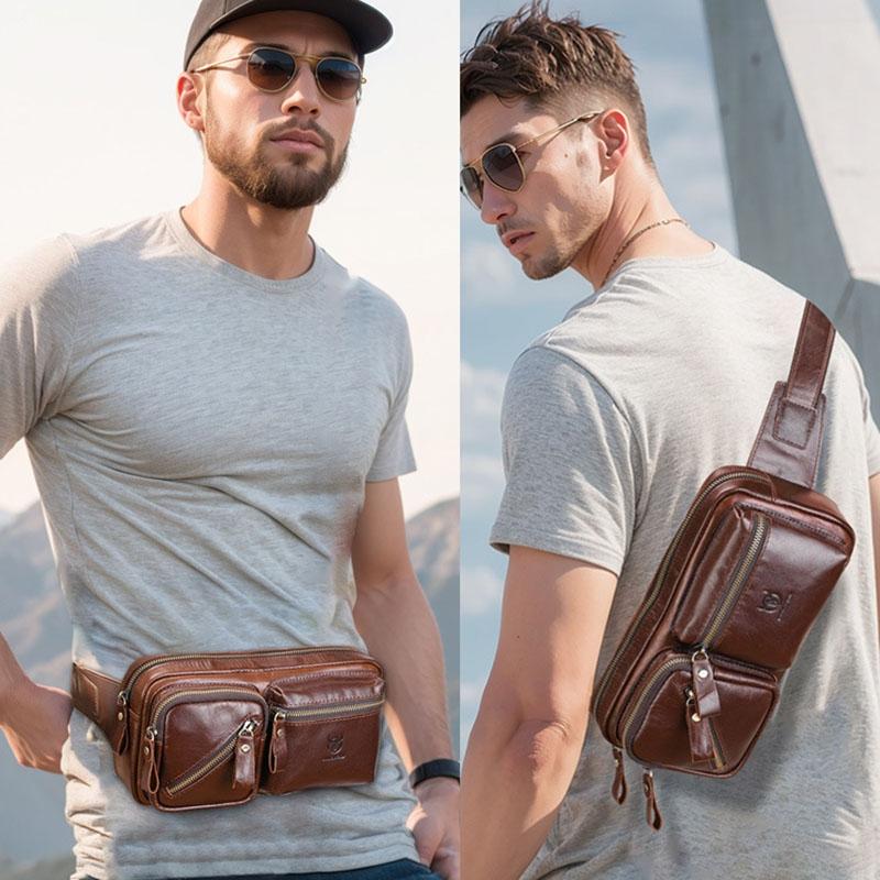 Large Capacity Retro Cowhide Crossbody Bag - Brown