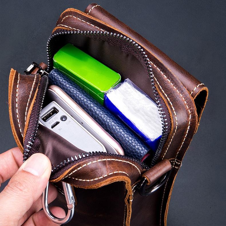 Men First Layer Cowhide Waist Bag Multi Function - Brown