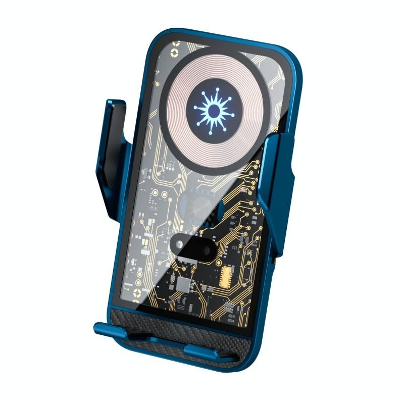 15w Fast Wireless Charger with Infrared Sensor for C10 Car Navigation - Transparent Stand - Blue