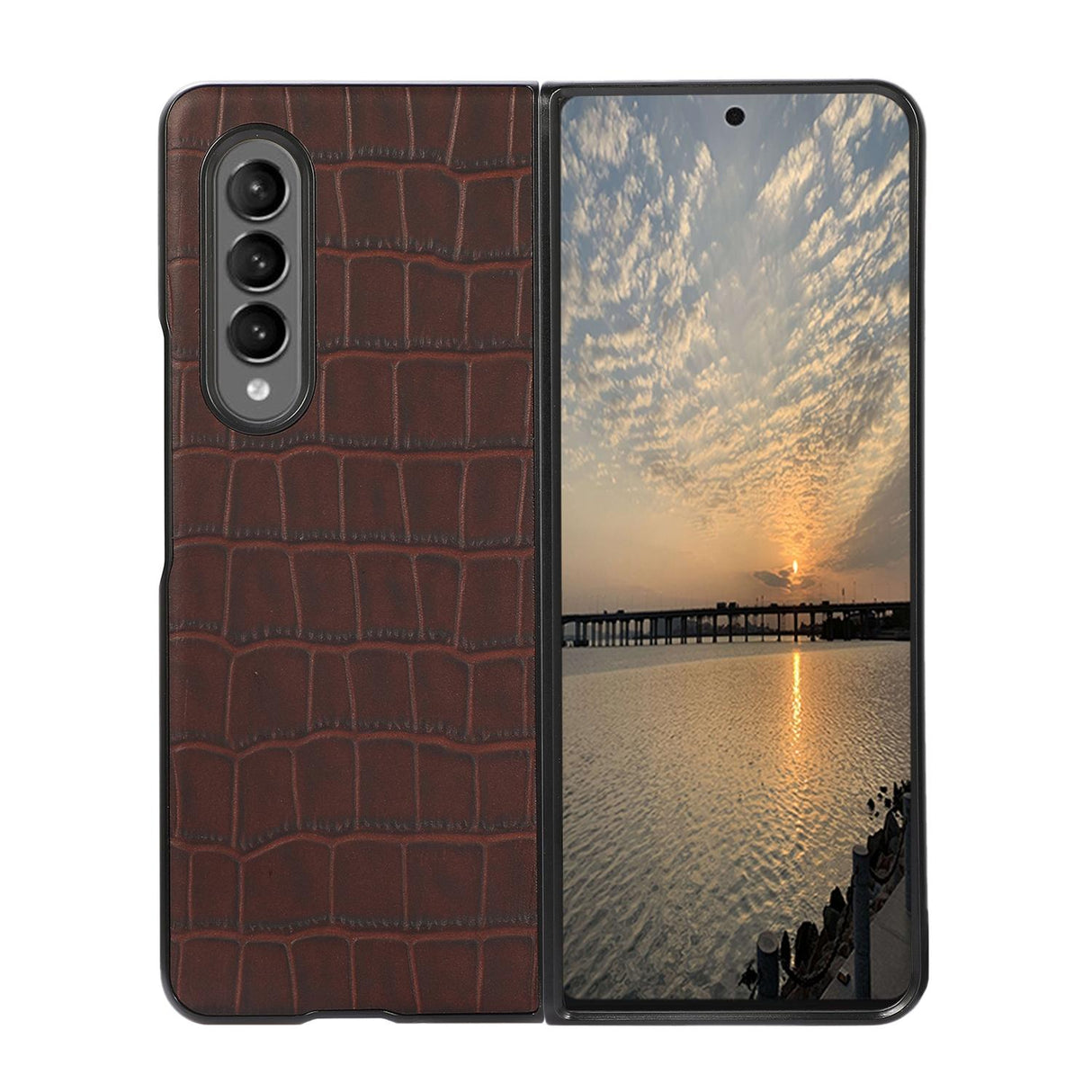 For Samsung Galaxy Z Fold4 5G Genuine Leather Crocodile Texture Phone Case - Blue