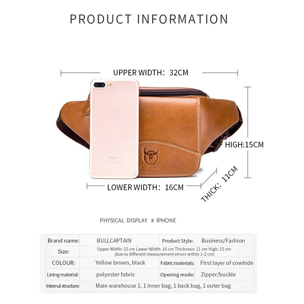 Large Capacity Cowhide Waist Bag For Men - Yellow Brown